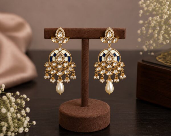 Neelika Royal Blue Polki Meenakari Pearl Drop Earrings displayed on a premium jewellery stand.