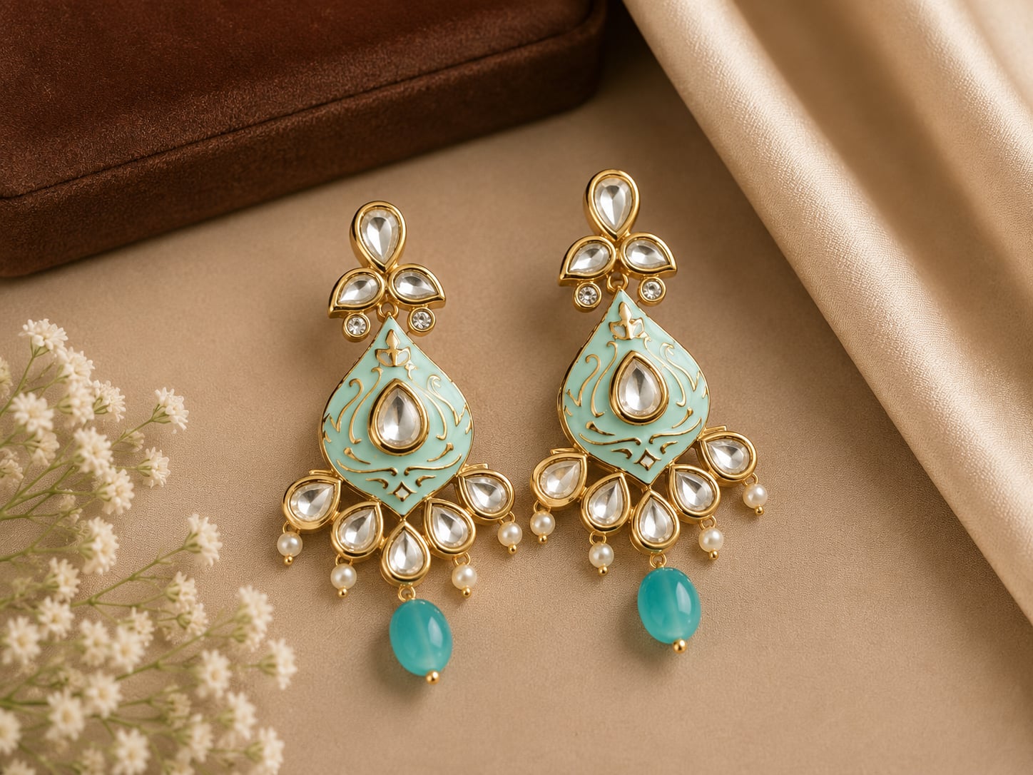 Mint Meenakari Polki Drop Earrings - Image 2