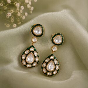 Aarna Green Polki Meenakari Drop Earrings handcrafted with premium Polki stones by VELQORR