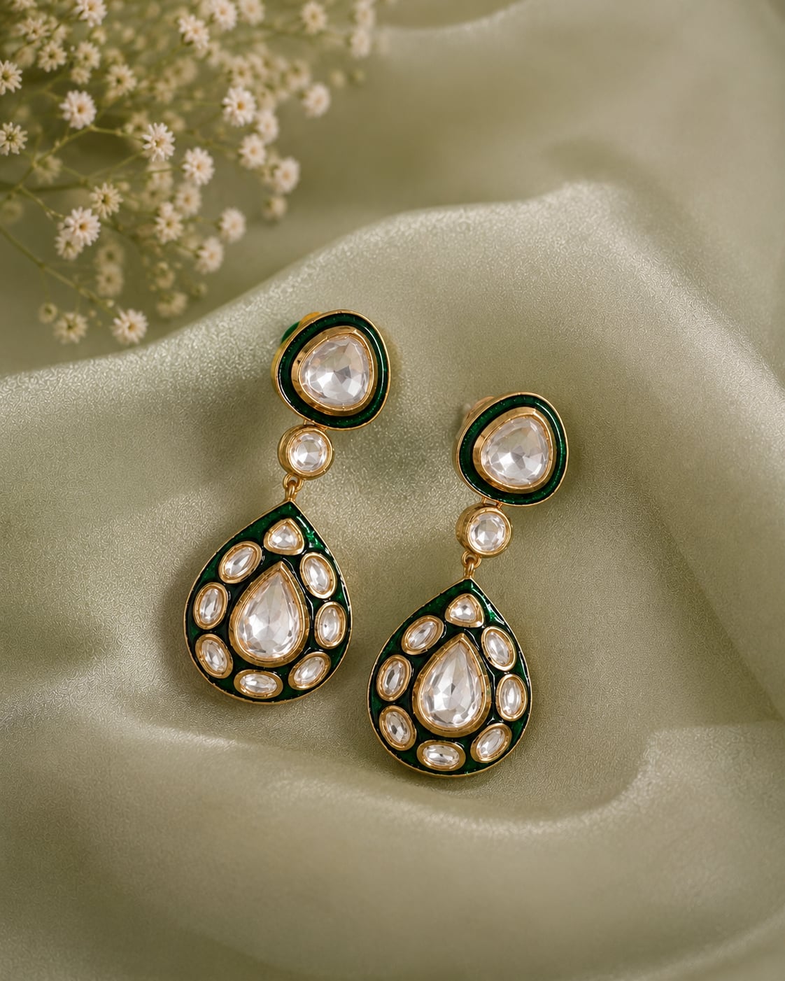 Aarna Green Polki Meenakari Drop Earrings handcrafted with premium Polki stones by VELQORR