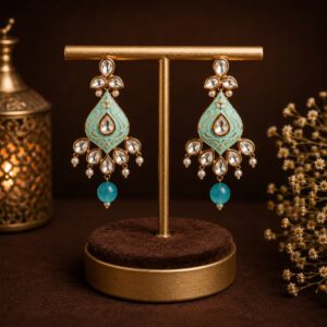 Mint Meenakari Polki Drop Earrings with Pearl and Aqua Bead by VELQORR