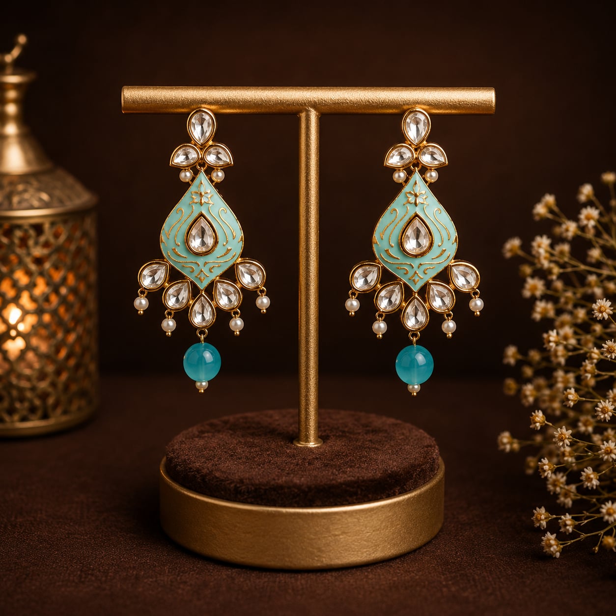 Mint Meenakari Polki Drop Earrings with Pearl and Aqua Bead by VELQORR
