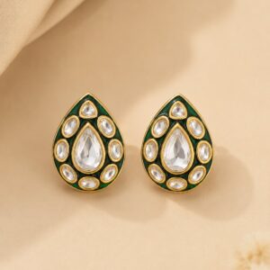 VELQORR Zareen emerald green teardrop Polki stud earrings with handcrafted Polki stones and premium gold-plated finish.