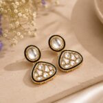 Mirelle Black Polki drop earrings with white Polki stones, black enamel detailing and gold-tone finish by VELQORR.