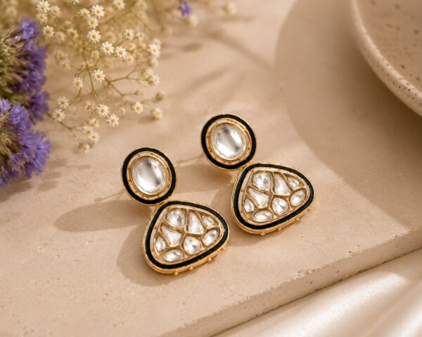 Mirelle Black Polki drop earrings with white Polki stones, black enamel detailing and gold-tone finish by VELQORR.