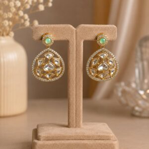 Aurelia emerald green and gold drop earrings with sparkling clear stones by VELQORR.