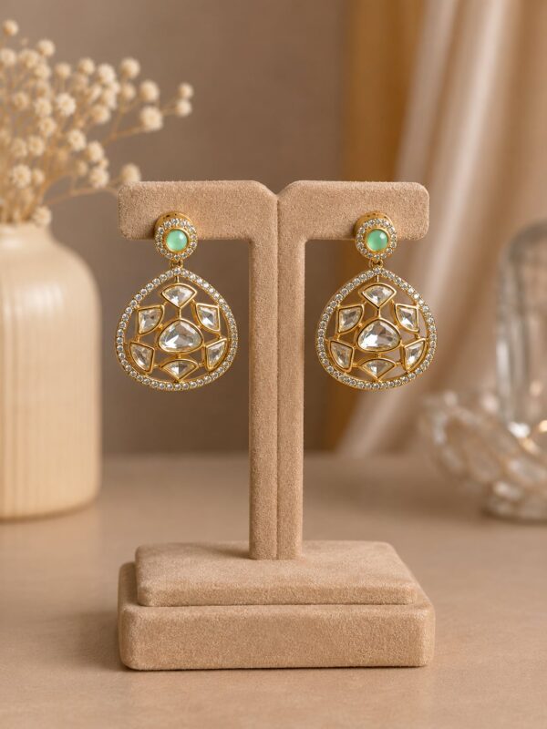 Aurelia emerald green and gold drop earrings with sparkling clear stones by VELQORR.