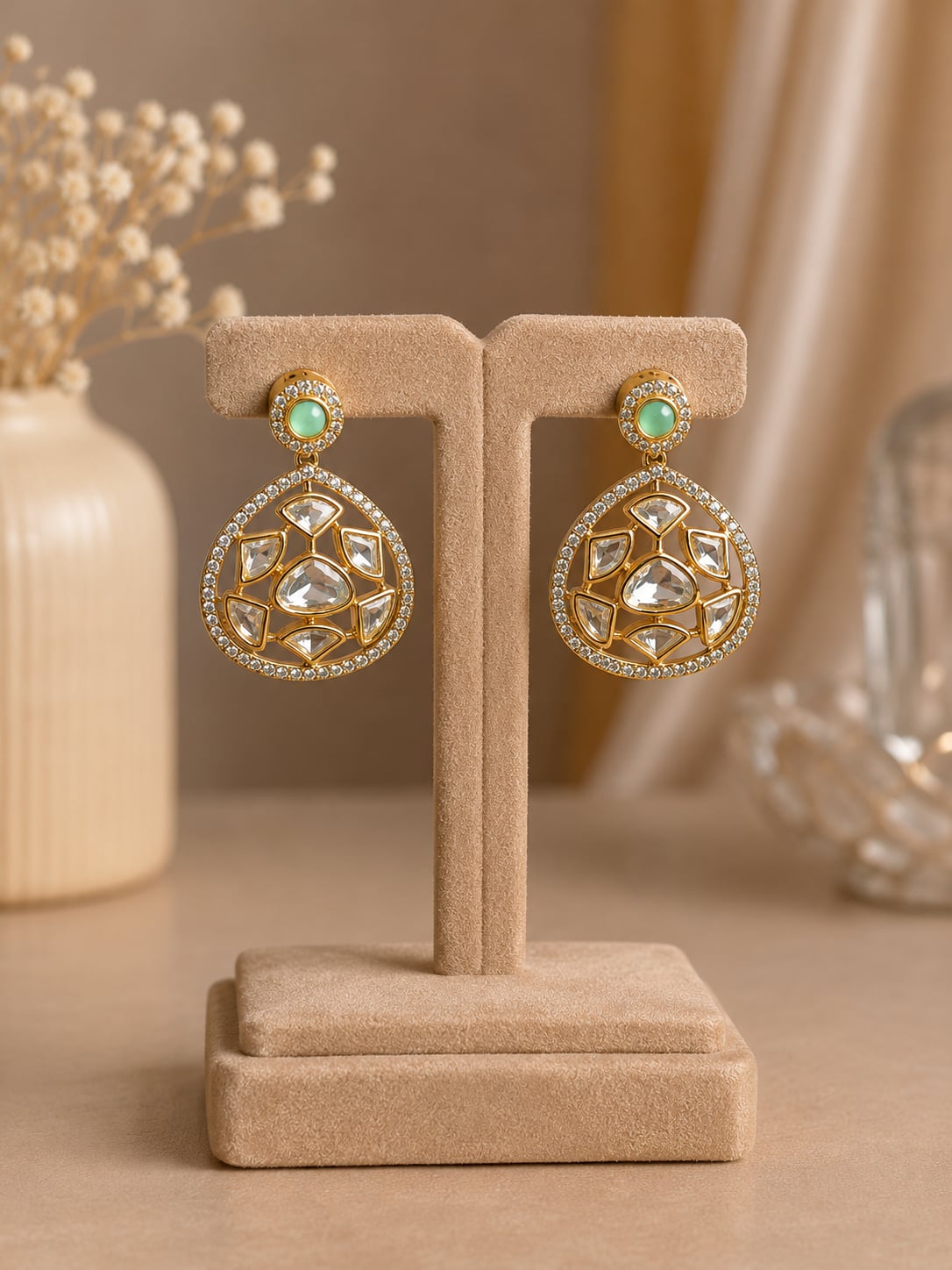 Aurelia emerald green and gold drop earrings with sparkling clear stones by VELQORR.