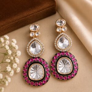Ravelle ruby-pink and black crystal drop earrings with white stones and gold-toned detailing by VELQORR.