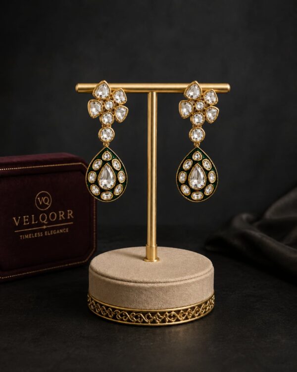 Aveline green Meenakari Polki drop earrings with gold finish