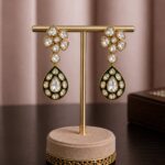 Aveline green Meenakari Polki drop earrings with gold finish