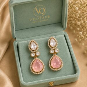 Rosalie Pink Polki drop earrings with pink teardrop stones and sparkling clear-stone detailing by VELQORR.