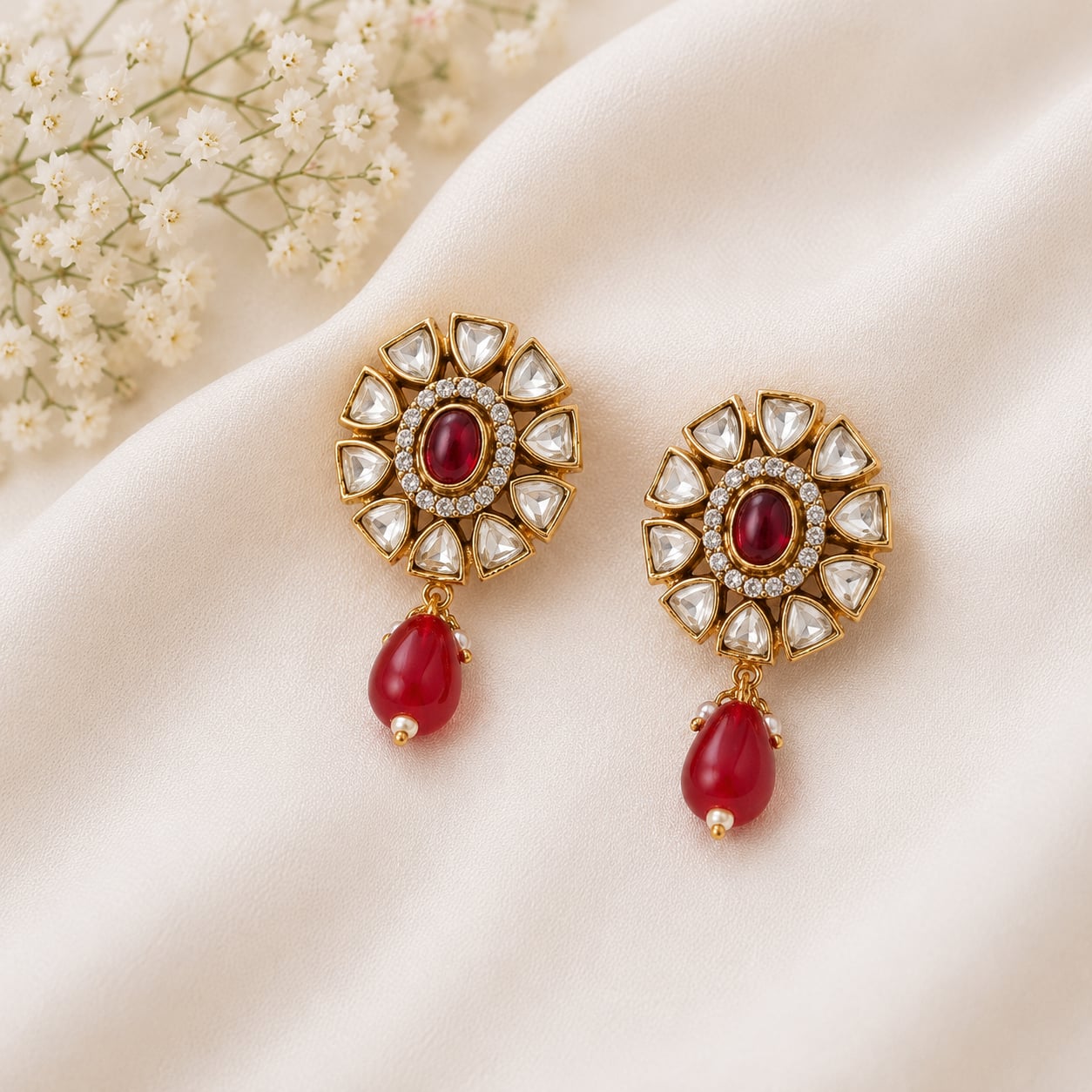 Seraphina ruby-red floral drop earrings with sparkling clear stones and gold-tone finish by VELQORR.