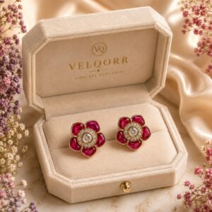 Pink floral stud earrings with sparkling cubic zirconia and premium gold-plated finish by VELQORR.