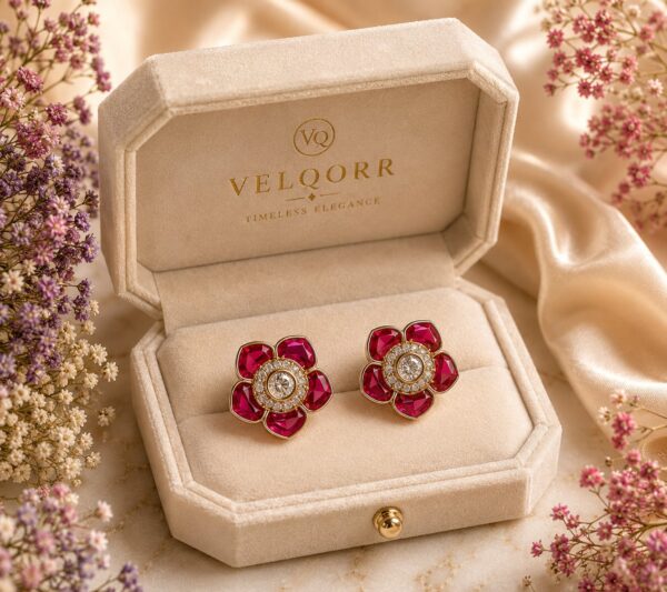 Pink floral stud earrings with sparkling cubic zirconia and premium gold-plated finish by VELQORR.