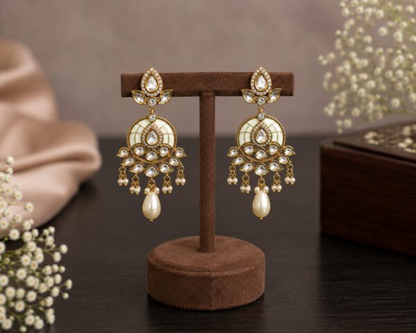 Ivory white Polki-inspired chandbali earrings with pearl drops and gold-tone finish by VELQORR.