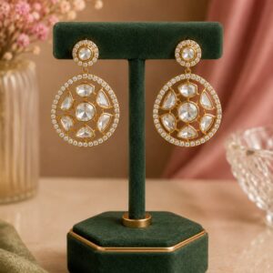 Aveline crystal halo drop earrings with white stones and gold-toned geometric detailing by VELQORR.